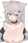  1girl aged_up ahoge alternate_breast_size animal_ears april_fools areola_slip bandaid bandaids_on_nipples black_shirt blush breasts collar extra_ears fang fenrir_(fenriluuu) heart highres large_breasts looking_at_viewer no_bra open_clothes open_mouth open_shirt original pasties red_collar red_eyes rir-chan shirt simple_background solo upper_body white_background wolf_ears wolf_girl 