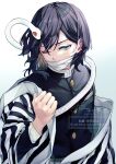  1boy animal animal_around_neck bandaged_head bandages belt black_hair blue_eyes covered_mouth demon_slayer_uniform floating_hair hair_between_eyes haori highres holding holding_clothes iguro_obanai japanese_clothes kaburamaru kimetsu_no_yaiba long_sleeves male_focus medium_hair oekkiiiimw3 one_eye_closed scales signature simple_background snake solo striped_coat upper_body watermark white_background white_snake 