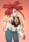  1girl absurdres bare_arms breasts cleavage collarbone cowboy_shot flannery_(pokemon) hands_on_own_hips highres looking_at_viewer midriff navel pink_background pokemon pokemon_oras red_eyes red_hair shirt signature tied_shirt triple_stabber 
