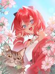  1girl absurdres ange_katrina ange_katrina_(1st_costume) blue_eyes cat chilcy35 flower hair_intakes highres jacket nijisanji open_clothes open_jacket open_mouth pink_flower red_hair red_jacket short_hair smile solo virtual_youtuber 