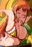  1girl 1other absurdres armpits bikini blurry blurry_foreground breasts check_commentary cleavage closed_eyes commentary commentary_request dragging earrings eyelashes grass highres jewelry kidnapped large_breasts le_reef long_hair messy_hair nami_(one_piece) navel one_piece open_mouth orange_hair outstretched_arms sidelocks signature steam steaming_body stomach sweat swimsuit tattoo wet 