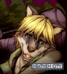  anthro ayato blonde_hair blue_eyes brown_nose canid canine canis car_seat clothing distasty english_text green_clothing green_shirt green_topwear green_trees hair heathen_city looking_away male mammal night open_mouth owen_zelazny purple_sky sharp_teeth shirt solo teeth teeth_showing text tongue_showing topwear wolf 