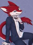 2023 anthro blue_eyes cassius_(oldmancassius) clothed clothing digital_media_(artwork) fangs fully_clothed fur grin hi_res looking_at_viewer male purple_background red_body red_fur red_tail sergal simple_background sitting smile solo suit tail teeth whiskers white_body white_fur yshanii 