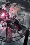  1girl arknights black_cape black_gloves black_jacket blurry blurry_foreground cape capelet closed_mouth cloud cloudy_sky commentary_request depth_of_field earrings floating_hair gloves grey_eyes grey_hair gun handgun head_wings highres holding holding_gun holding_lantern holding_weapon irene_(arknights) jacket jewelry lantern light_rays long_hair long_sleeves looking_to_the_side outdoors pink_skirt puffy_long_sleeves puffy_sleeves rain skirt sky solo sye very_long_hair weapon white_capelet white_skirt wings 