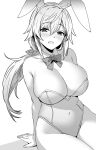  1girl animal_ears bare_shoulders blush bow bowtie breasts charlotte_dunois cleavage collarbone covered_navel detached_collar fake_animal_ears hair_between_eyes highleg highleg_leotard infinite_stratos large_breasts leotard long_hair looking_at_viewer monochrome open_mouth ossou_rocket playboy_bunny ponytail rabbit_ears simple_background sitting smile solo strapless strapless_leotard white_background 