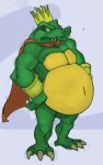  2010 angry_eyes anthro belly big_belly canson cape chubby_anthro chubby_male claws clothing crocodilian crown cuff_(restraint) donkey_kong_(series) fangs headgear king_k._rool kremling male mostly_nude mouth_closed navel nintendo outie_navel overweight overweight_anthro overweight_male reptile restraints scales scalie shackles slightly_chubby solo standing teeth toe_claws 