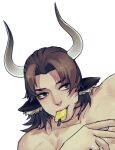  1boy animal_ears arknights artist_request bara beach brown_hair cow_boy cow_ears cow_horns eyelashes food food_in_mouth horns jitome looking_to_the_side lying male_focus matterhorn_(arknights) medium_hair muscular muscular_male nude pectorals portrait single_horn solo tail thick_eyebrows 