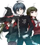  1boy 2girls ahoge black_hair blazer bob_cut bow breast_pocket brown_eyes brown_hair buttons commentary_request danganronpa_(series) danganronpa_v3:_killing_harmony double-breasted gakuran green_hair grey_bow hair_between_eyes hair_ornament hair_scrunchie hairclip haji_(hajimaji) hands_on_headwear harukawa_maki hat highres jacket korean_commentary long_hair long_sleeves looking_at_viewer low_twintails mole mole_under_eye multiple_girls pants plaid plaid_skirt pleated_skirt pocket red_eyes red_hair red_scrunchie saihara_shuichi school_uniform scrunchie serafuku shirt short_hair skirt thighhighs twintails witch_hat yumeno_himiko 