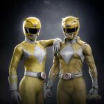  2girls arm_on_shoulder armor belt bodysuit character_request copyright_request gloves helmet mighty_morphin_power_rangers mighty_morphin_power_rangers:_once_&amp;_always minh_kwan mother_and_daughter multiple_girls power_rangers redesign sabertooth_cat tokujay tokusatsu trini_kwan twitter_username yellow_bodysuit yellow_ranger 