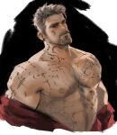  1boy abs bara bare_pectorals chest_hair cropped_torso dead_by_daylight dopey_(dopq) ear_piercing earrings facial_hair facial_mark full-body_tattoo goatee grey_hair highres jewelry large_pectorals long_sideburns looking_at_viewer male_focus mature_male muscular muscular_male navel_hair nipples off_shoulder old old_man open_clothes open_shirt pectorals piercing red_shirt shirt short_hair sideburns solo tattoo thick_eyebrows thick_mustache vittorio_toscano 