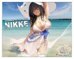  1girl beach bikini black_hair blue_flower blue_nails blue_sky breasts cleavage cloud collar commentary copyright_name day english_commentary fingernails flower goddess_of_victory:_nikke highres hu_dako large_breasts long_hair mary_(bay_goddess)_(nikke) mary_(nikke) nail_polish navel ocean official_alternate_costume outdoors partially_submerged patreon_username sky smile solo swimsuit white_bikini 