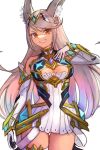  1girl alternate_hair_length alternate_hairstyle animal_ear_fluff animal_ears bare_shoulders breasts cleavage cleavage_cutout clothing_cutout commentary_request cosplay detached_sleeves dress gloves grey_hair grin hand_up headpiece highres long_hair long_sleeves looking_at_viewer medium_breasts mythra_(xenoblade) mythra_(xenoblade)_(cosplay) nia_(blade)_(xenoblade) nia_(xenoblade) r123 simple_background smile solo standing swept_bangs very_long_hair white_background white_dress white_gloves white_sleeves xenoblade_chronicles_(series) xenoblade_chronicles_2 