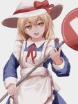  1girl apron blonde_hair blue_dress bow dress florentia_menma frilled_apron frills hat highres holding holding_sign kana_anaberal long_sleeves open_mouth phantasmagoria_of_dim.dream red_bow road_sign short_hair sign simple_background solo stop_sign sun_hat touhou touhou_(pc-98) upper_body white_apron white_background white_headwear yellow_eyes 
