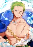  1boy abs aoiaoba0316 bara bare_pectorals birthday coat foreshortening fur-trimmed_coat fur_trim green_hair highres large_pectorals male_focus muscular muscular_male nipples no_shirt official_alternate_costume one_piece pectorals roronoa_zoro scar scar_across_eye short_hair smirk solo stomach tsurime water 