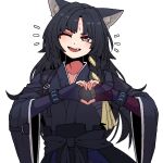  1girl animal_ears arknights black_hair black_shirt bracelet dog_ears dog_girl emphasis_lines facial_mark fang fingerless_gloves forehead_mark formicid gloves hands_up heart heart_hands infection_monitor_(arknights) japanese_clothes jewelry long_hair looking_at_viewer one_eye_closed open_mouth purple_gloves saga_(arknights) shirt solo straight-on upper_body white_background yellow_eyes 