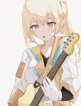  1girl bang_dream! black_shirt blonde_hair blush commentary crossed_bangs electric_guitar gloves guitar hair_between_eyes highres instrument jacket long_hair music open_mouth pann_bot_p playing_instrument ponytail purple_eyes shirasagi_chisato shirt sidelocks simple_background solo sweatdrop upper_body white_background white_gloves white_jacket 