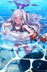  1girl absurdres afloat ahoge armpits blue_archive blush character_doll demon_girl demon_horns demon_wings forehead hair_ornament hairclip halo highres hina_(blue_archive) hina_(swimsuit)_(blue_archive) horns in_water innertube long_hair looking_at_viewer name_tag nazomaki_(blue_archive) ocean official_alternate_hairstyle old_school_swimsuit one_side_up parted_bangs school_swimsuit sidelocks sleeveless solo suppa_(hagakuresuppa) sweatdrop swimming swimsuit translation_request wavy_hair wavy_mouth whistle whistle_around_neck wings 