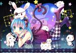 1girl absurdres animal_ears bat_wings blue_eyes blue_hair boots cat cat_ears cat_tail checkered_clothes checkered_legwear dark_background date_a_live dress eyepatch fish flower full_body gyaza hair_flower hair_ornament hand_puppet head_rest heart highres knee_boots legs_up long_hair lying mouth_hold on_stomach pantyhose puppet purple_dress purple_footwear rabbit_puppet red_flower reflection short_dress solo star_(symbol) tail the_pose wings wrist_straps yoshino_(date_a_live) yoshinon 