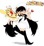  &gt;_o 1girl absurdres black_eyes black_footwear black_hair black_neckerchief black_sleeves blush_stickers boots borrowed_design cheese chef_hat commentary english_commentary fewer_digits flying_sweatdrops food full_body genderswap genderswap_(mtf) hat heart highres holding holding_food holding_pizza holding_plate kayak-777 long_hair long_mustache looking_at_viewer neckerchief nervous_sweating one_eye_closed open_mouth peppina_ramen peppino_spaghetti pizza pizza_hair_ornament pizza_tower pizzaface plate puffy_short_sleeves puffy_sleeves shirt short_sleeves simple_background smile solo standing sweat thigh_boots twintails v very_long_hair white_background white_shirt 