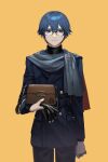  1boy alternate_costume bag black-framed_eyewear blue_eyes blue_hair blue_jacket blue_pants blue_scarf brown_bag buttons commentary contemporary english_commentary fire_emblem fire_emblem:_mystery_of_the_emblem fire_emblem:_shadow_dragon glasses grin hair_between_eyes handbag highres jacket long_sleeves looking_at_viewer male_focus marth_(fire_emblem) mik_blamike pants scarf simple_background smile solo yellow_background 