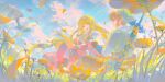  1boy 1girl absurdres bakutiku blonde_hair blue_eyes blue_sky bracelet brown_hair cloud dress earrings field flower flower_field green_headwear green_tunic hat highres jewelry link long_hair master_sword open_mouth orange_flower pink_dress pointy_ears princess_zelda short_hair sitting sky smile sword sword_on_back the_legend_of_zelda the_legend_of_zelda:_skyward_sword very_long_hair weapon weapon_on_back 