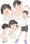  1girl ^_^ absurdres armpits arms_up bare_arms bare_shoulders black_hair black_pants camisole camisole_pull choppy_bangs closed_eyes closed_mouth collarbone commentary crocs from_side full_body hand_on_own_hip hand_up highres kuraue_hinata leaning_to_the_side light_blush looking_at_viewer meis_(terameisu) multiple_views open_mouth pants pulled_by_self purple_footwear short_twintails simple_background standing stretching sweat twintails v white_background white_camisole yama_no_susume 