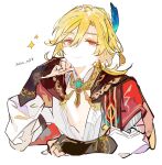  1boy 2022 blonde_hair blue_feathers capelet dated earrings ezu_(e104mjd) feather_hair_ornament feathers genshin_impact hair_ornament head_rest jewelry kaveh_(genshin_impact) long_sleeves looking_at_viewer male_focus medium_hair open_clothes open_shirt red_capelet red_eyes shirt solo white_shirt 
