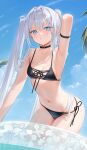  1girl :t annoyed arm_behind_head arm_up armlet armpits bare_shoulders bikini black_bikini black_choker blue_eyes blue_sky blush breasts choker closed_mouth cloud cloudy_sky collarbone day front-tie_top hair_between_eyes highres innertube leaning_forward long_hair looking_at_viewer mignon navel ocean original outdoors palm_tree partially_submerged pout side-tie_bikini_bottom sky small_breasts solo standing stomach swimsuit tree twintails v-shaped_eyebrows very_long_hair water wet white_hair 