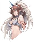  1girl arknights artist_name bikini bikini_top_only blue_eyes breasts brown_hair cleavage closed_mouth cokuto1 commentary cowboy_shot cropped_torso detached_collar earrings fake_horns fur-trimmed_bikini fur_trim hair_between_eyes highres horns jewelry kirin_r_yato_(arknights) light_smile long_hair looking_at_viewer mane medium_breasts mole mole_under_eye multicolored_hair navel pointy_ears signature simple_background solo stomach streaked_hair swimsuit tassel tassel_earrings two-tone_hair white_background white_bikini white_hair yato_(arknights) 