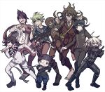  6+boys :d ;d ahoge amami_rantaro barefoot black_footwear black_hair black_headwear black_jacket black_pants blue_pants brown_jacket brown_pants buttons clenched_hands collared_shirt danganronpa_(series) danganronpa_v3:_killing_harmony double-breasted dress_shirt gokuhara_gonta green_hair grey_background grey_eyes grey_hair grey_jacket grey_pants hands_up highres hoshi_ryoma jacket jewelry k1-b0 long_hair long_sleeves momota_kaito multiple_boys necklace nota_sayaka oma_kokichi one_eye_closed open_clothes open_jacket open_mouth open_shirt pants power_armor print_shirt purple_footwear saihara_shuichi shinguji_korekiyo shirt short_hair simple_background smile spiked_hair spiked_hat striped striped_jacket striped_pants teeth upper_teeth_only white_shirt 