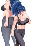  abs black_sports_bra blue_eyes blue_hair breasts crop_top dan_koflove drying exercise highres holding holding_towel leggings leona_heidern midriff multiple_views muscular muscular_female navel pants ponytail simple_background sports_bra stomach the_king_of_fighters tight_clothes tight_pants towel towel_around_neck white_background wiping_face yoga_pants 
