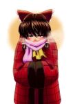  1girl alternate_costume ascot bow breath brown_hair commentary_request covered_mouth hair_bow hakurei_reimu koyubi_(littlefinger1988) looking_at_viewer red_eyes scarf short_hair simple_background solo touhou white_background winter_clothes 