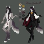  anthro balls black_hair canid canine canis clothing fur genitals goth hair hi_res lulywoolf male mammal multicolored_body multicolored_fur penis solo two_tone_body two_tone_fur wolf yellow_eyes 