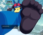  2022 5_toes angry anthro black_body black_ears black_feet blue_body blue_sky cloud english_text feet female fiery_eyes first_person_view foot_focus fur generation_4_pokemon humanoid_feet long_ears looking_at_viewer looking_down lucario macro mountain nintendo number plantigrade pokemon pokemon_(species) showing_teeth signified-blue sky soles solo spikes text toes white_clouds yellow_body yellow_fur 