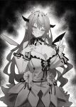  1girl absurdres bare_shoulders between_breasts blush breasts clothes_pull commission condom condom_wrapper darkdeaththorn detached_collar detached_sleeves dress_pull flower greyscale halo head_tilt highres hololive hololive_english irys_(hololive) large_breasts long_hair long_sleeves looking_at_viewer monochrome pixiv_commission pointy_ears seductive_smile smile solo strap_pull very_long_hair virtual_youtuber w wide_sleeves 