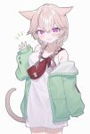 1girl :d animal_ears braid cat_ears cat_girl cat_tail final_fantasy final_fantasy_xiv funa_(sakana) green_jacket jacket light_brown_hair long_hair long_shirt long_sleeves looking_at_viewer miqo&#039;te off_shoulder open_clothes open_jacket open_mouth purple_eyes shirt sleeves_past_fingers sleeves_past_wrists smile tail twin_braids v-shaped_eyebrows warrior_of_light_(ff14) white_shirt 
