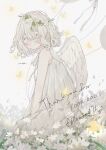  1girl angel_wings artist_name blush bug butterfly closed_mouth dress driedflower feathered_wings flower hair_between_eyes head_wreath highres looking_at_viewer original short_hair signature sleeveless smile solo white_dress white_flower white_hair white_wings wings 