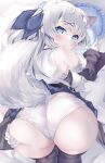  1girl absurdres animal_ear_fluff animal_ears ass ass_grab bare_shoulders bed_sheet black_sleeves black_thighhighs blue_eyes blue_skirt blush breasts closed_mouth commentary_request detached_sleeves feet_out_of_frame fox_ears fox_girl fox_tail frilled_pillow frills from_behind fur-trimmed_sleeves fur_trim gloves grey_hair hair_ornament hairclip heart heart_pillow highres konagi_(konotuki) long_hair long_sleeves looking_at_viewer looking_back medium_breasts one_side_up original panties pillow shirt skirt sleeveless sleeveless_shirt sleeves_past_wrists solo tail thighhighs underwear very_long_hair white_gloves white_panties white_shirt wide_sleeves x_hair_ornament 