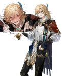  1boy black_pants blonde_hair blush cape chalice cup earrings feather_hair_ornament feathers genshin_impact hair_between_eyes hair_ornament highres holding holding_cup holding_quill jewelry kaveh_(genshin_impact) long_hair long_sleeves looking_at_viewer male_focus nose_blush open_mouth pants quill red_eyes simple_background umnume vision_(genshin_impact) white_background writing 