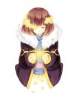  1girl black_jacket flower flowerfell frisk_(undertale) highres holding holding_flower jacket medium_hair milksweet open_clothes open_jacket sweater undertale white_background yellow_flower 