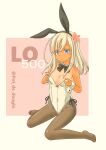  1girl absurdres animal_ears black_bow black_bowtie black_pantyhose blonde_hair blue_eyes bow bowtie character_name commentary_request detached_collar fake_animal_ears flat_chest flower hair_flower hair_ornament highres kantai_collection leotard one-piece_tan pantyhose playboy_bunny pot-de rabbit_ears ro-500_(kancolle) side-tie_leotard solo strapless strapless_leotard tan tanlines twitter_username white_leotard wrist_cuffs 