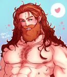  1boy abs absurdres bara beard blush chest_hair earrings facial_hair heart highres jewelry large_pectorals league_of_legends long_beard long_hair looking_to_the_side male_focus mature_male muscular muscular_male nipples nude olaf_(league_of_legends) orange_hair pectorals rolo&#039;s_art smile solo spoken_heart strongman_waist sweat thick_eyebrows thick_mustache upper_body 