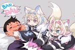  1boy 2girls :3 :d animal_ear_fluff animal_ears black_jacket blonde_hair blood blue_eyes blue_hair blush brown_hair commentary_request dog_ears dog_tail fake_horns fangs fur-trimmed_jacket fur_trim fuwawa_abyssgard grey_background hair_ornament hairclip headphones headphones_around_neck hitting hololive hololive_english horned_headwear horns jacket liquid-in-glass_thermometer long_sleeves mococo_abyssgard multicolored_hair multiple_girls pink_eyes pink_hair short_hair simple_background skin_fangs smile streaked_hair sweat tail thermometer x_hair_ornament yuuyu_(777) 