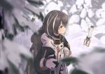  1girl alac_(408005134) arknights blurry blurry_foreground brown_hair coat commentary drone earrings from_side gloves highres hooded_coat jewelry looking_at_object magallan_(arknights) mask mask_around_neck multicolored_hair open_mouth outdoors profile short_hair snow solo streaked_hair tree upper_body white_coat white_gloves white_hair yellow_eyes 