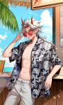  1boy absurdres arataki_itto black_shirt genshin_impact grey_hair highres horns male_focus multicolored_hair muscular muscular_male navel oni_horns open_clothes open_shirt pants pponnya red-framed_eyewear red_eyes red_hair shirt smile solo stomach sunglasses teeth white_pants 