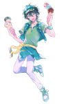  1boy absurdres aqua_eyes blush bow bracelet commentary_request ensemble_stars! facing_viewer full_body green_hair hair_between_eyes heterochromia highres holding_ice_cream itsuki_shu jewelry kagehira_mika necklace open_mouth pants pink_hair purple_eyes shoelaces short_hair simple_background solo teeth upper_teeth_only vest wednesday_108 white_background white_pants wristband yellow_bow yellow_eyes 