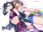  2girls :d back-to-back bare_legs black_choker black_hair black_jacket blue_gloves blue_shorts blush breasts brown_eyes brown_hair choker crop_top dutch_angle eyelashes gloria_(pokemon) gloves green_eyes hair_ribbon holding holding_poke_ball jacket looking_at_viewer marnie_(pokemon) medium_breasts medium_hair midriff multiple_girls navel off_shoulder open_clothes open_jacket open_mouth pants pantyhose pantyhose_under_shorts poke_ball pokemon pokemon_(game) pokemon_swsh purple_pants purple_shorts ribbon short_hair short_shorts shorts shuri_(84k) simple_background single_glove sleeveless smile tank_top thighs torn_clothes torn_pants twitter_username white_background wristband 