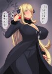  1girl black_coat black_pants blonde_hair blush breasts cleavage closed_mouth coat commentary_request curvy cynthia_(pokemon) fur-trimmed_sleeves fur_collar fur_trim grey_eyes hair_ornament hair_over_one_eye hand_up highres holding holding_poke_ball huge_breasts long_hair looking_at_viewer pants poke_ball poke_ball_(basic) pokemon pokemon_(game) pokemon_dppt skyloveit smile solo speech_bubble translation_request very_long_hair 