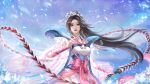  1girl absurdres brown_hair chi_lian_(qinshi_mingyue) cloud cloudy_sky dress earrings flower highres holding holding_weapon jewelry jiu_bai_1212 long_hair lotus o-ring_dress ocean parted_lips ponytail qinshi_mingyue ribbon sash second-party_source see-through sky snowing solo teeth tiara weapon whip_sword white_dress 