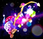  basutaa bow bowtie brown_footwear fang floating hat highres jester_cap kirby_(series) lens_flare marx_(kirby) no_humans open_mouth purple_eyes red_bow red_bowtie solo space two-tone_headwear wings 